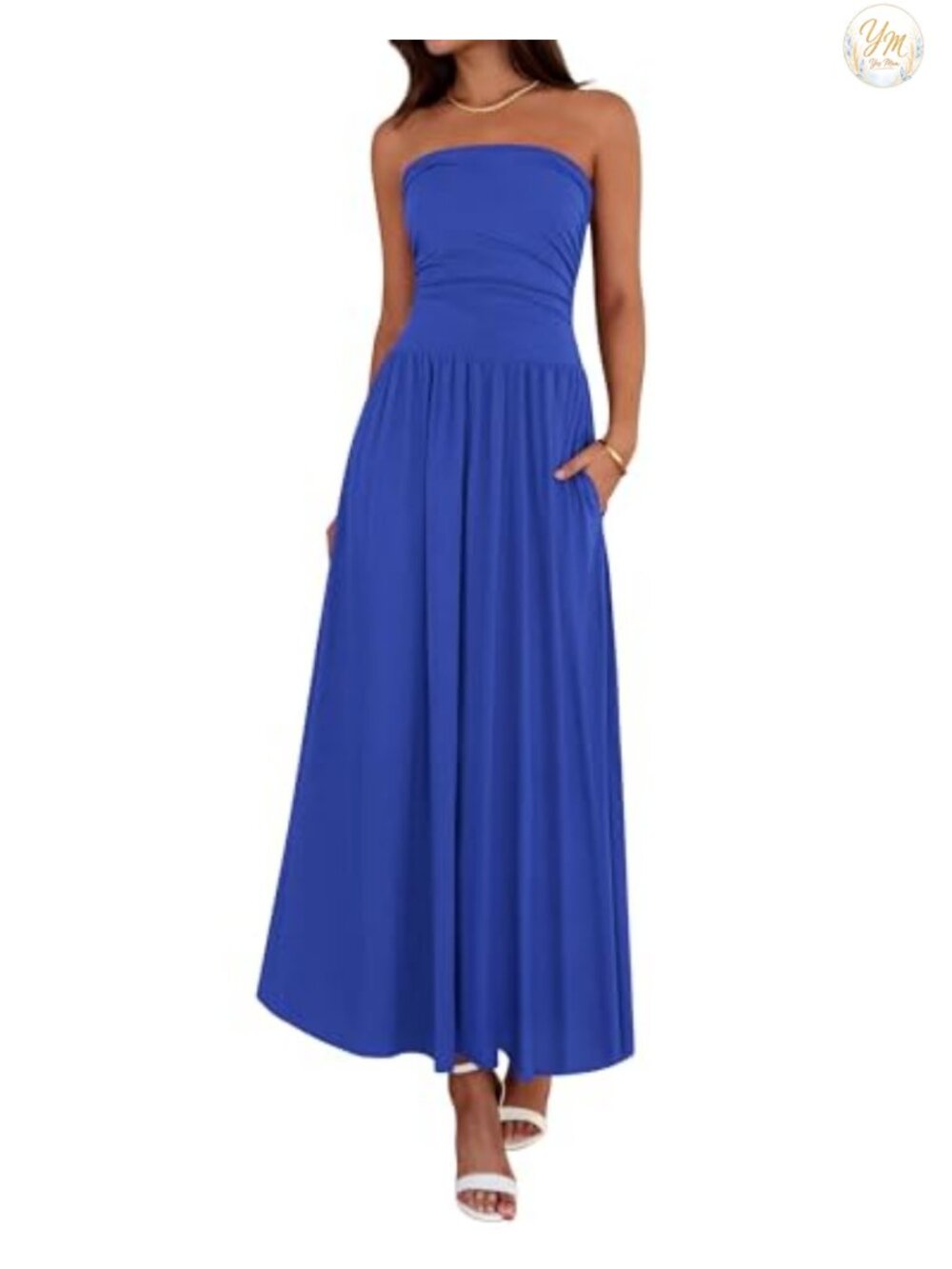 Women's Strapless Maxi Dress Ruched Tube Top Sleeveless Summer Beach
